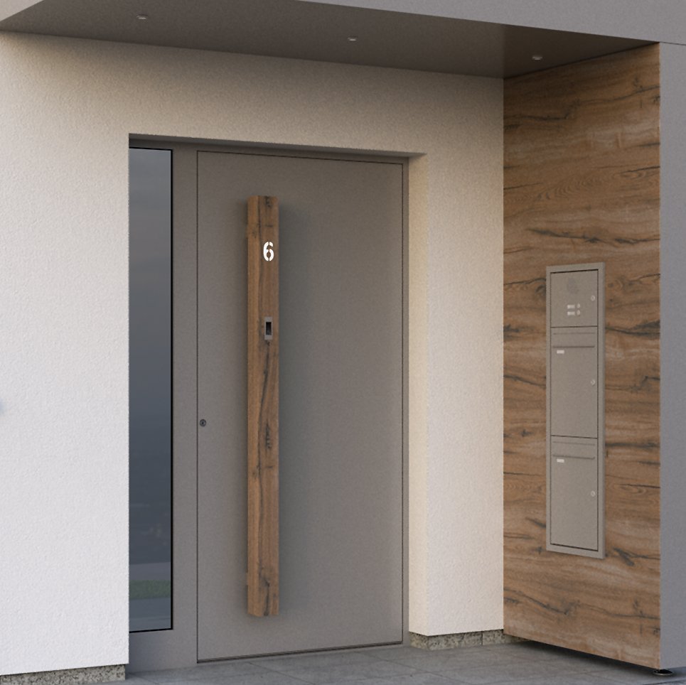 Haustür mit vertikalem Holzgriff über gesamte Türlänge. Optimale Verriegelungs-Lösung für sichere Haus- und Eingangstüren: Mehrfach-Verriegelungen, SmartHome-Produkte und Zutrittskontrollen von FUHR. 